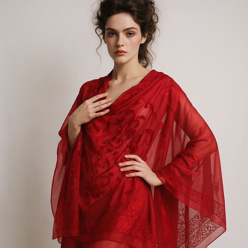 Vakko Silk Viscose Burnout Velvet Shawl Red Jewel Tone Scarf 45x41 NWT
